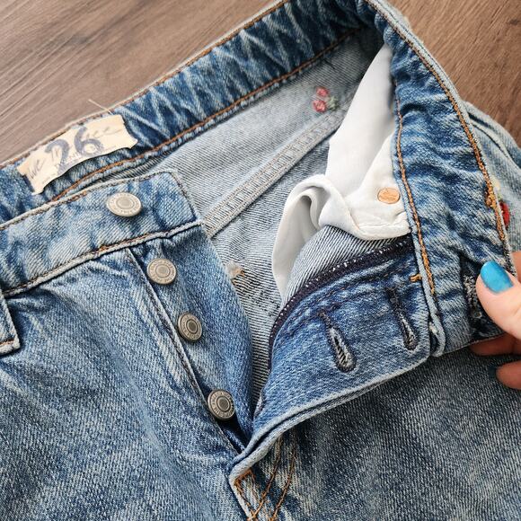 Free People We The Free Embroidered Distressed Jeans 26‎ Blue Straight Leg Retro - Picture 7 of 10